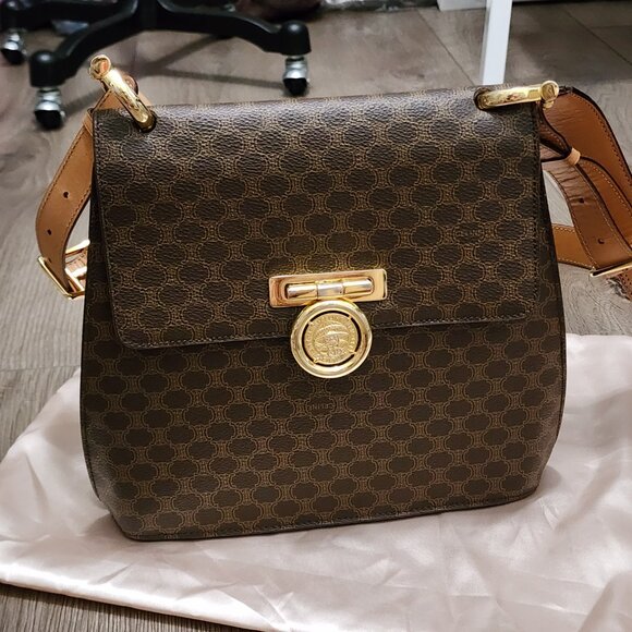 vintage CELINE Globe Golden Chucky Medallion Macadam PVC Leather Crossbody bag - Picture 1 of 16